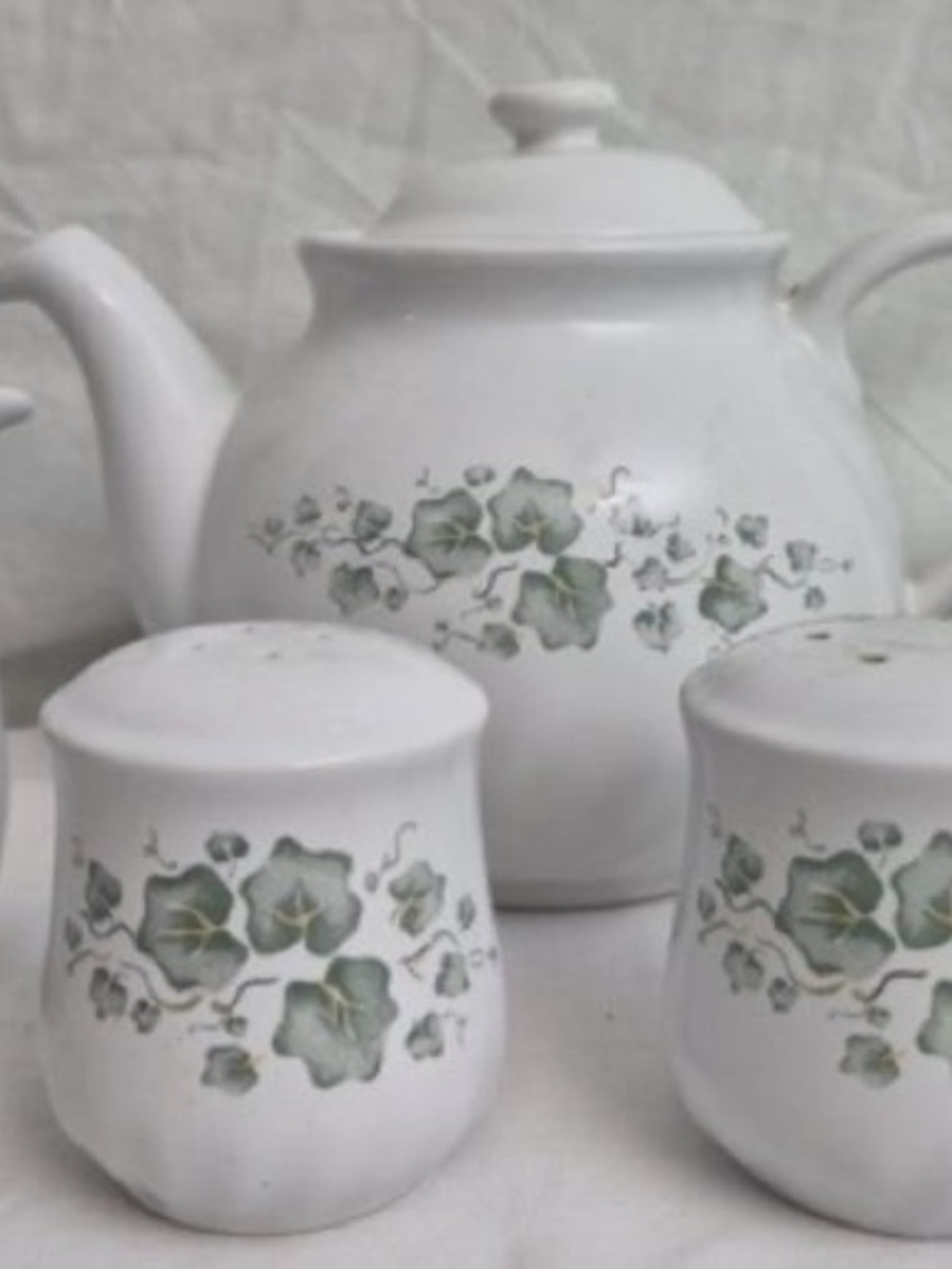 Corelle White Teapot and Shakers with Green Floral Trim